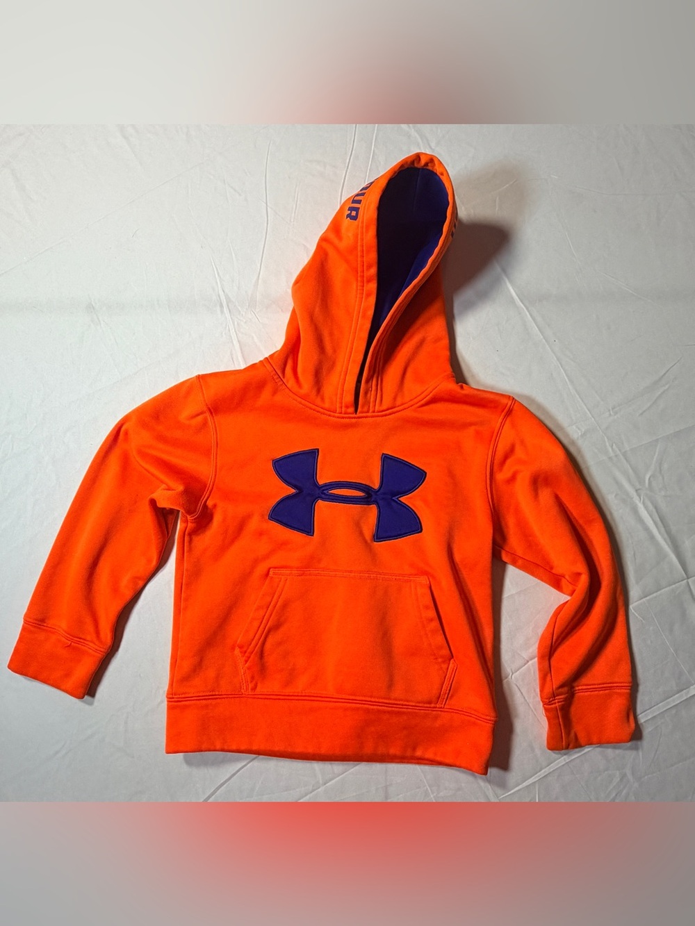 Under Armour Kids Bright Orange Hoodie with Purple Logo Size 4